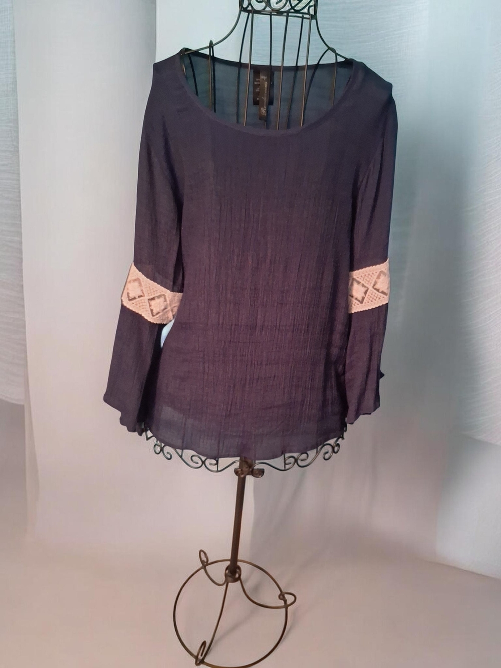 Boho Navy Scoop-Neck Blouse with Crochet Sleeve Detail